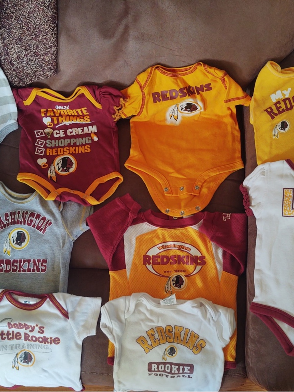 Lot of 9 Washington Redskins Commanders Baby One-Piece Bodysuits - Gold & Maroon